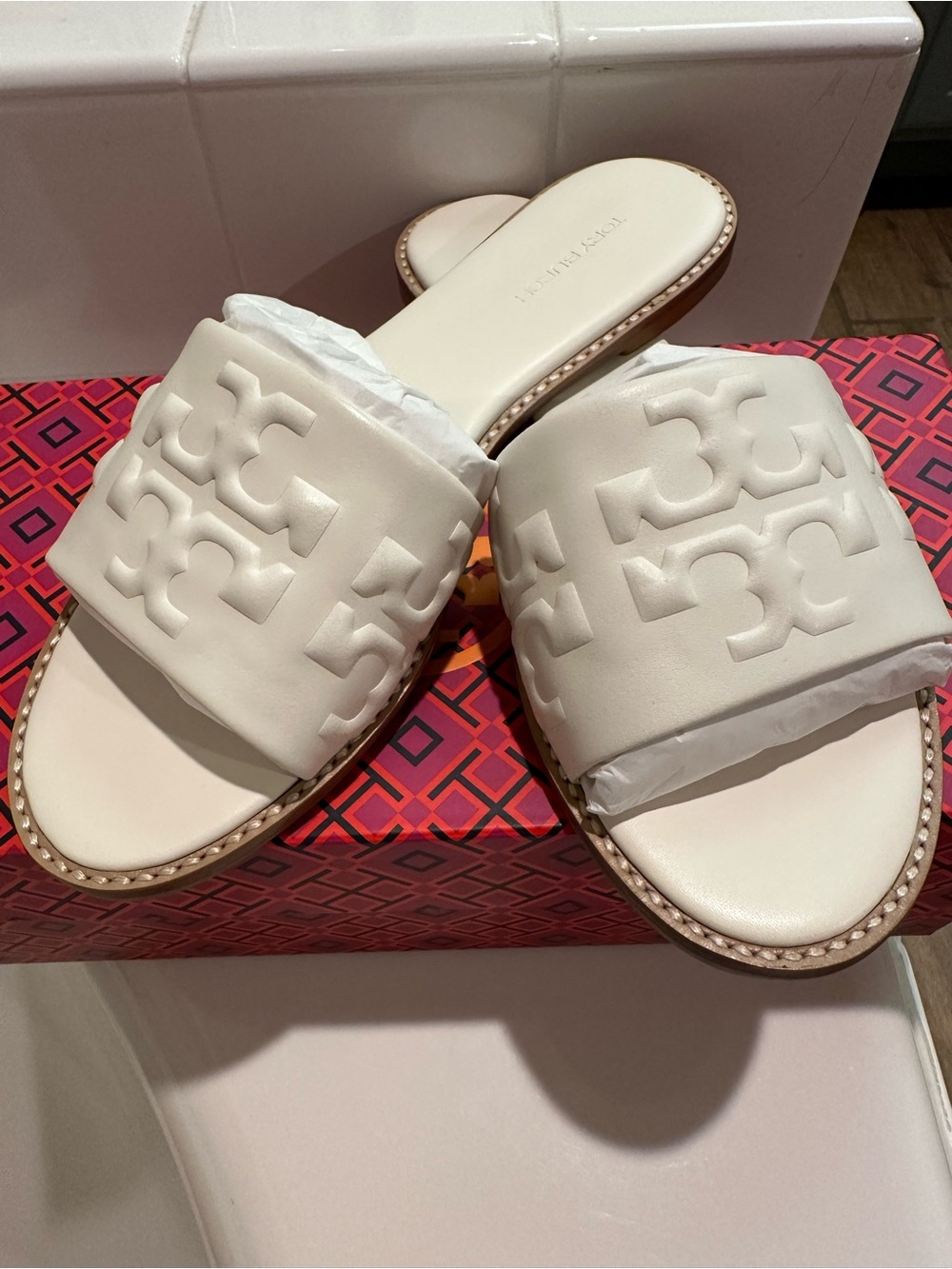 Tory Burch White Logo Slide Sandals